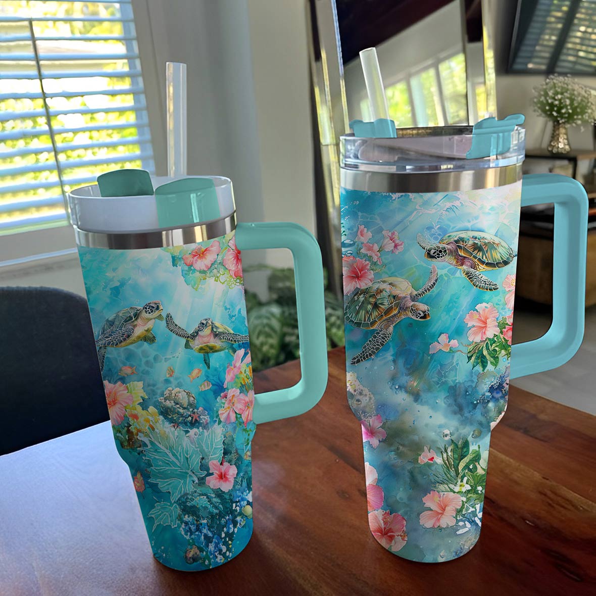 Shineful Tumbler Sea Turtles With Hibiscus Flowers