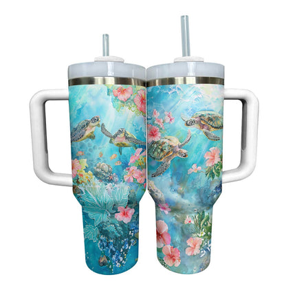 Shineful Tumbler Sea Turtles With Hibiscus Flowers