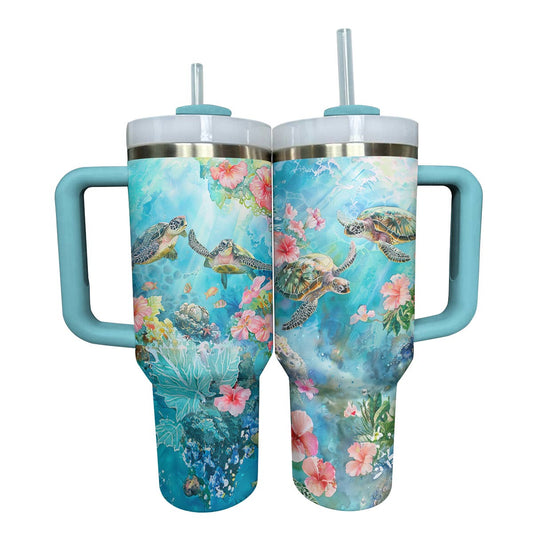 Shineful Tumbler Sea Turtles With Hibiscus Flowers