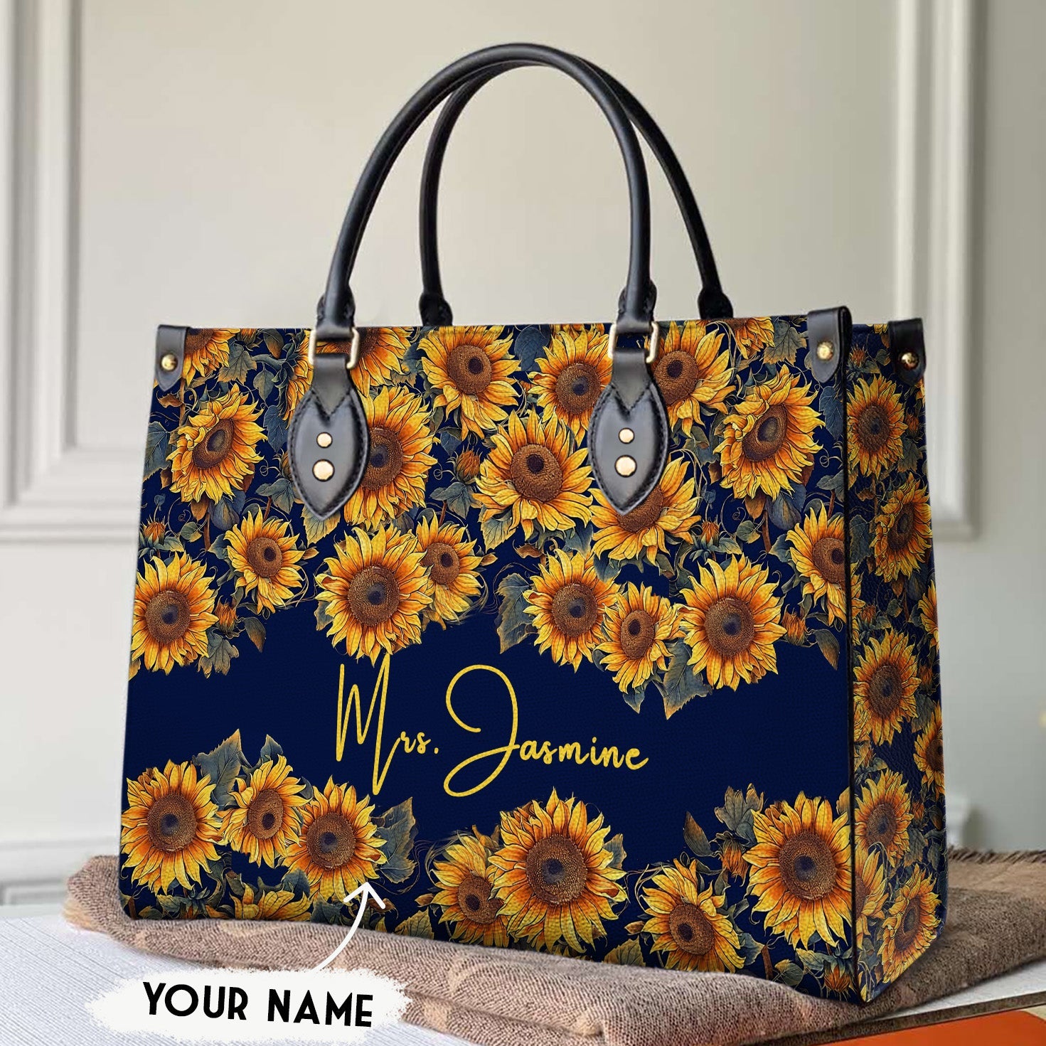 Sunflower Shineful™ Personalized Leather Bag Elegant Flowers Mn8