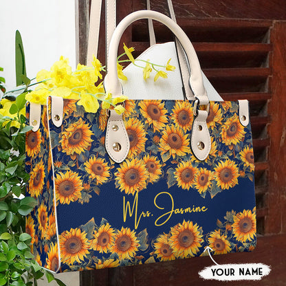 Sunflower Shineful™ Personalized Leather Bag Elegant Flowers Mn8 Creamy White