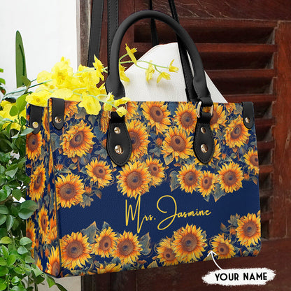 Sunflower Shineful™ Personalized Leather Bag Elegant Flowers Mn8 Black