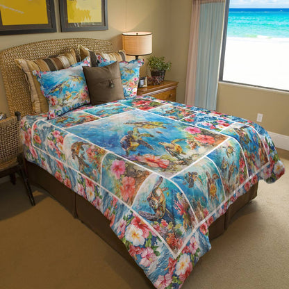 Shineful All Season Quilt 3-Piece Set Charming Sea Turtles With Hibiscus Flowers