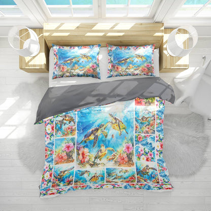 Shineful All Season Quilt 3-Piece Set Charming Sea Turtles With Hibiscus Flowers