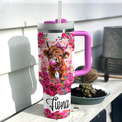 Shineful Personalized Tumbler Pink Floral Highland Cow