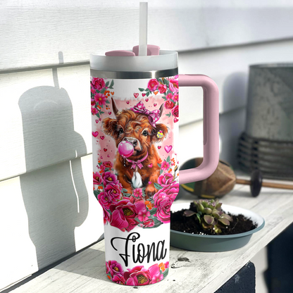 Shineful Personalized Tumbler Pink Floral Highland Cow