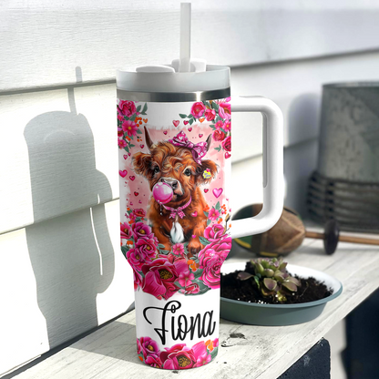 Shineful Personalized Tumbler Pink Floral Highland Cow