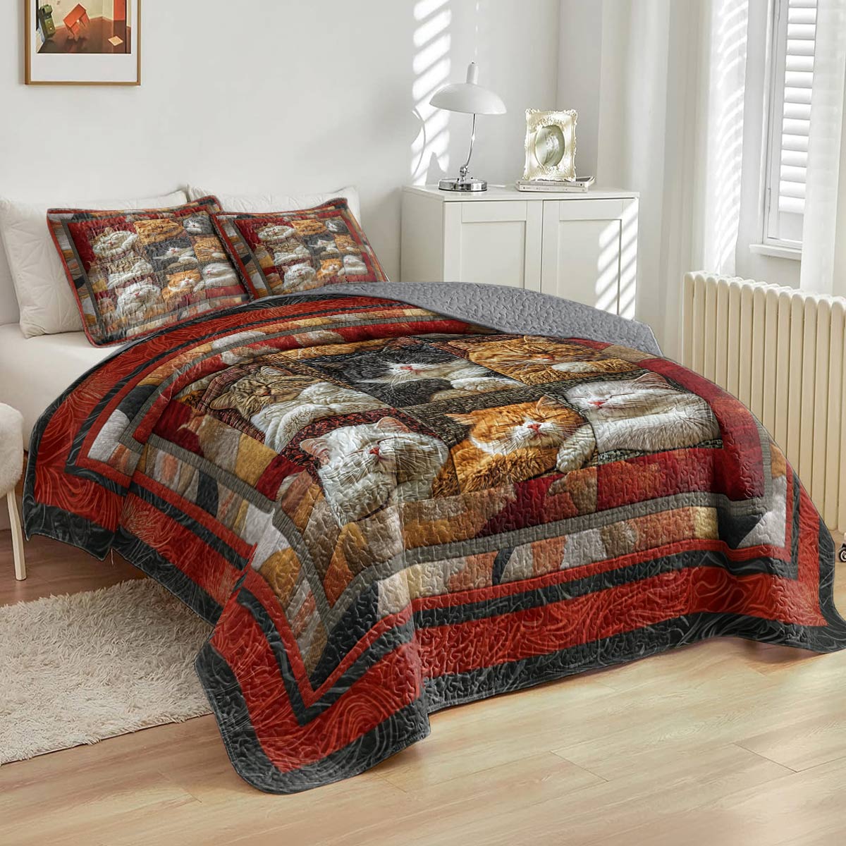 Ensemble de courtepointe toutes saisons Shineful Flat Print 3 pièces Félins en sieste