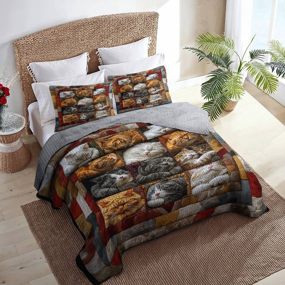 Shineful Flat Print All Season Quilt 3-Piece Set Cute Slumbering Cats