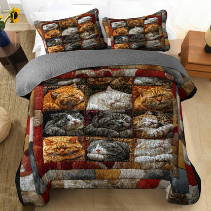 Shineful Flat Print All Season Quilt 3-Piece Set Cute Slumbering Cats