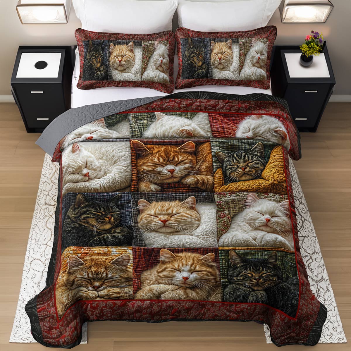 Shineful Flat Print All Season Quilt 3-Piece Set Pretty Snoozing Cats