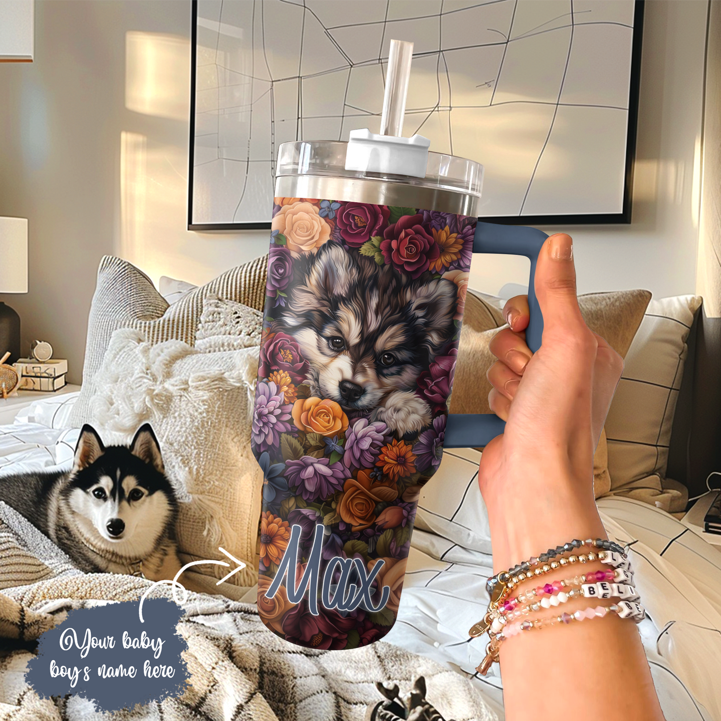 Shineful Personalized Tumbler Cute Floral Pomsky