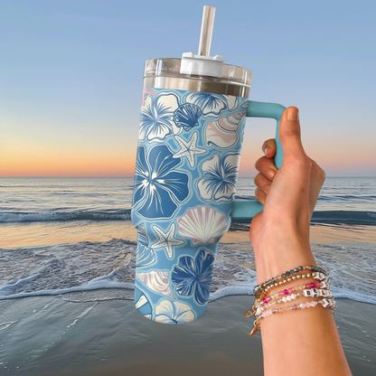 Shineful Tumbler Aqua Blue Seaside Hibiscus Haven