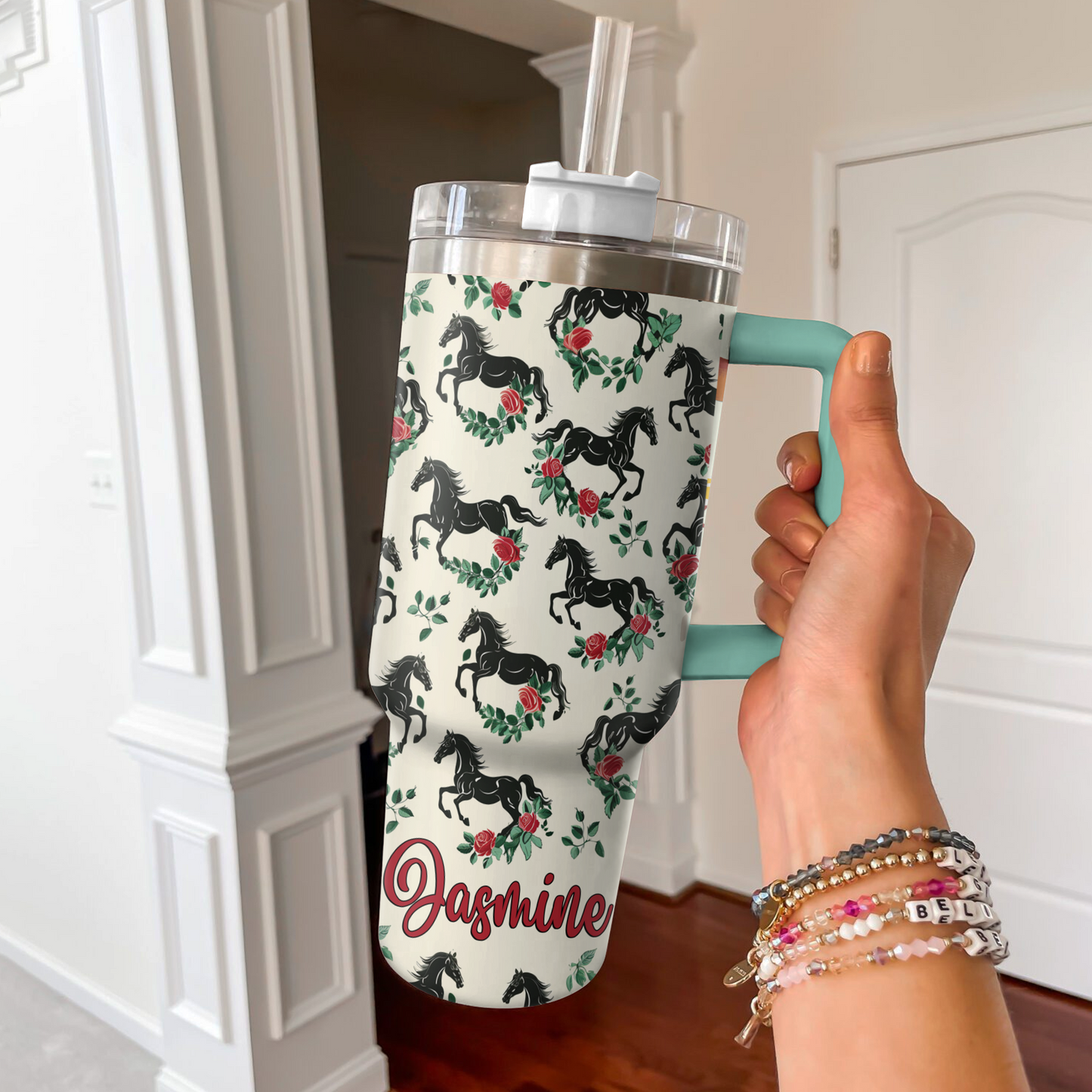 Shineful Personalized Tumbler Galloping Roses Horses