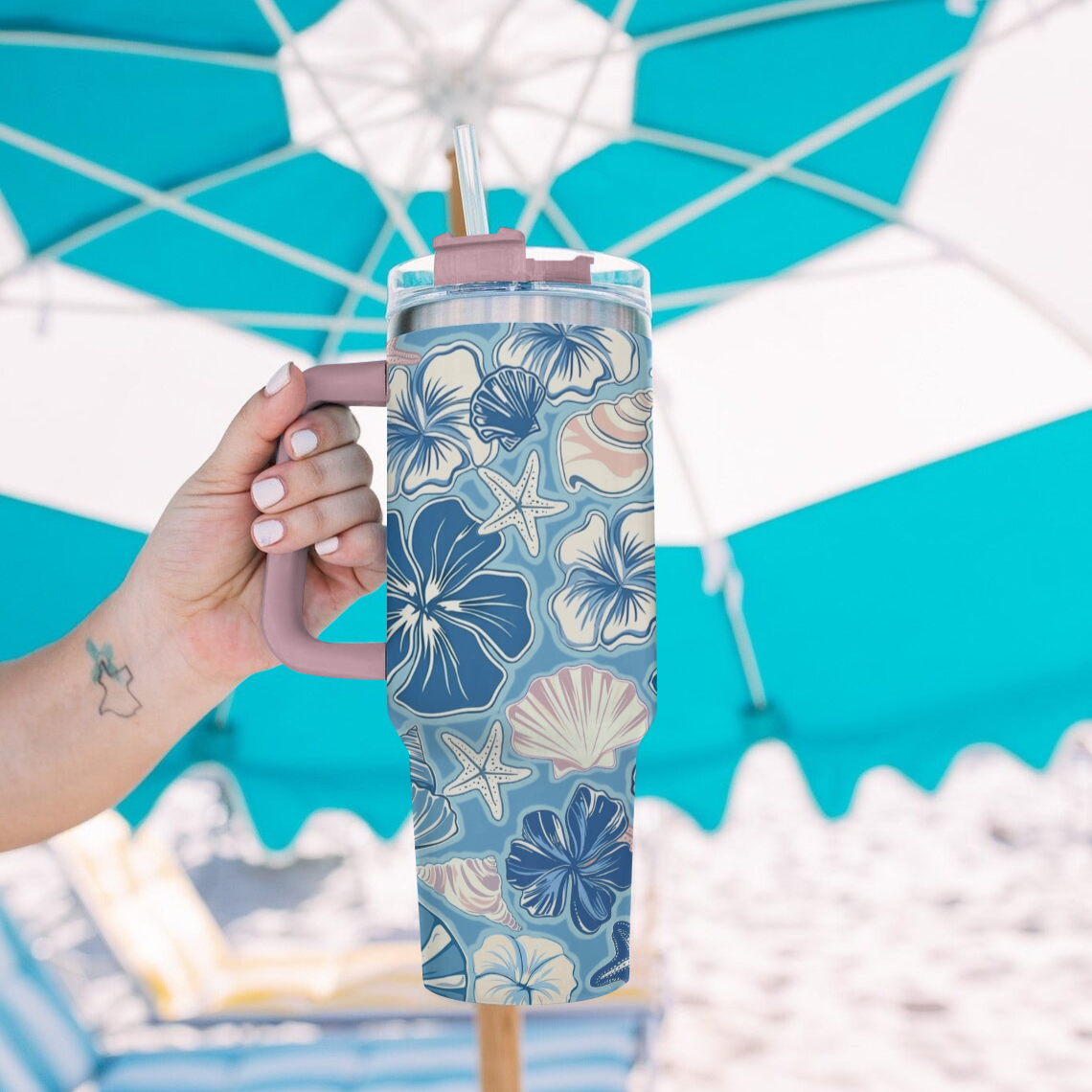 Shineful Tumbler Aqua Blue Seaside Hibiscus Haven