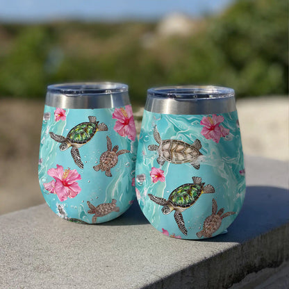 Shineful Wine Tumbler Sea Turtle Hibiscus