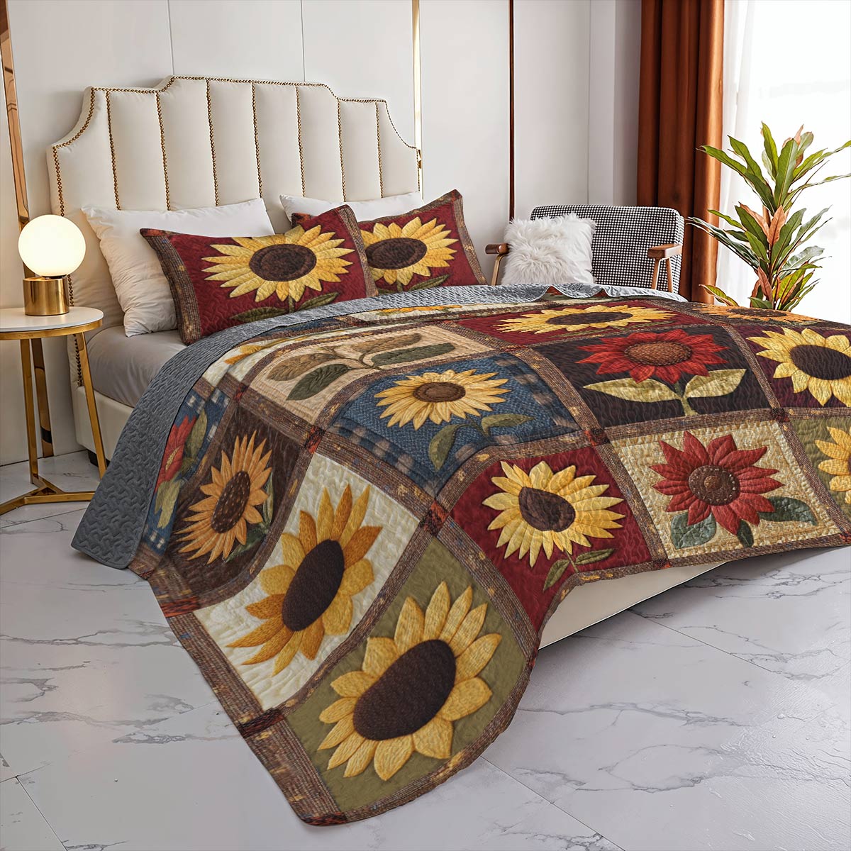 Shineful All Season Quilt 3-Piece Set Modest Sunflowers