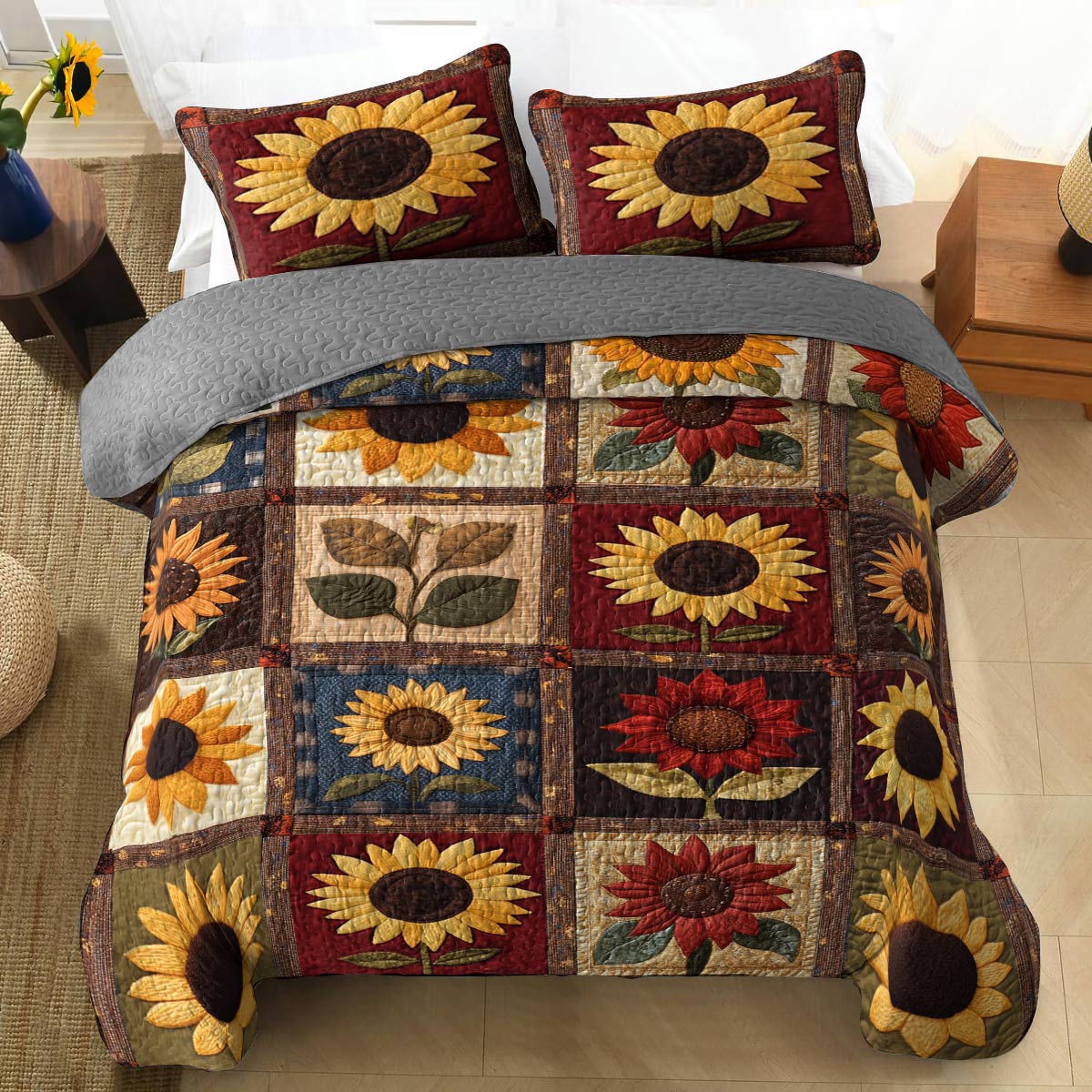 Shineful All Season Quilt 3-Piece Set Modest Sunflowers