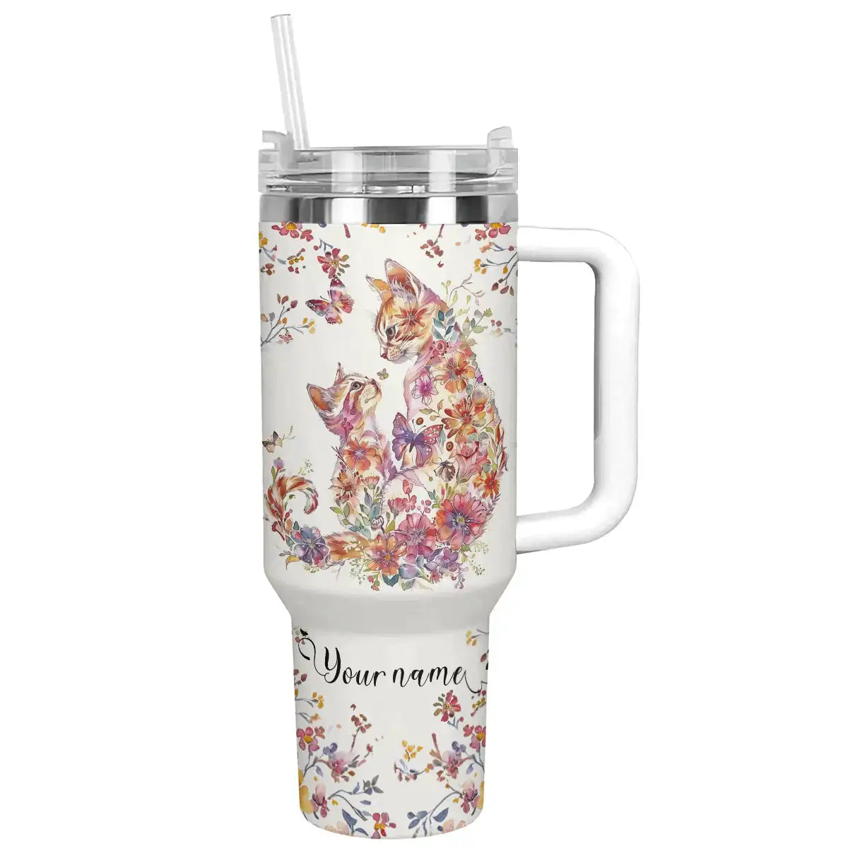 Glänzender Becher mit Blumenmotiv, Katzenmotiv