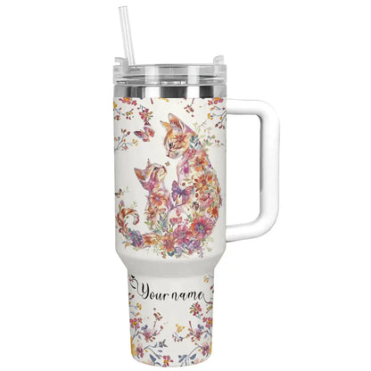 Glänzender Becher mit Blumenmotiv, Katzenmotiv