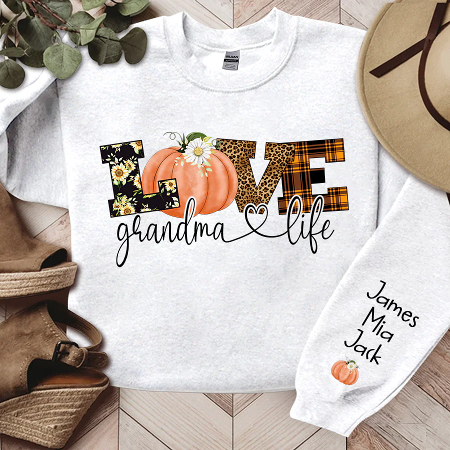 Shinyful Sweatshirts 2D-Druck Personalisiertes Love Grandma Life Herbstsaison Kürbis Sweatshirt