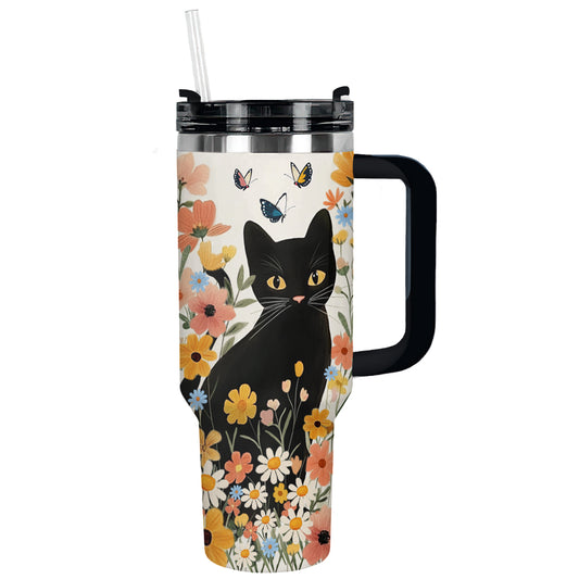 Gobelet brillant à motif floral et chat noir