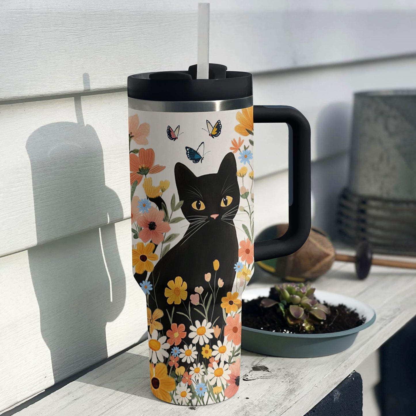 Shineful Tumbler Floral Black Cat