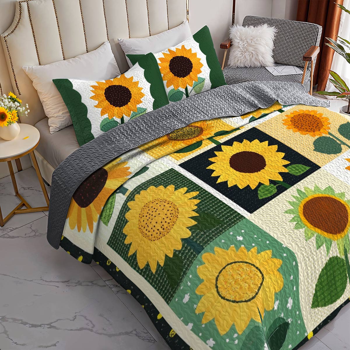 Shineful All Season Quilt 3-Piece Set Pretty Sunflowers Love