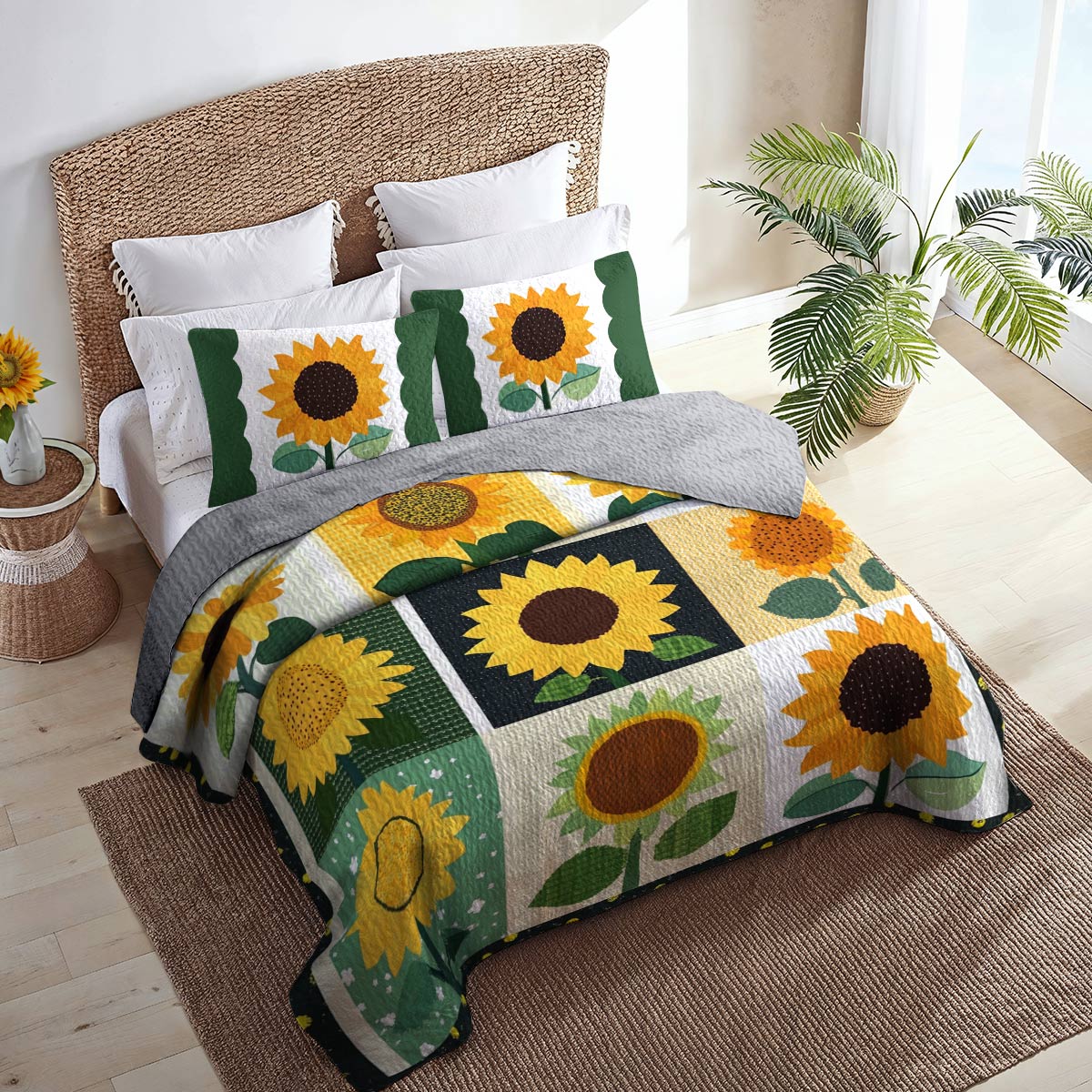 Shineful All Season Quilt 3-Piece Set Pretty Sunflowers Love