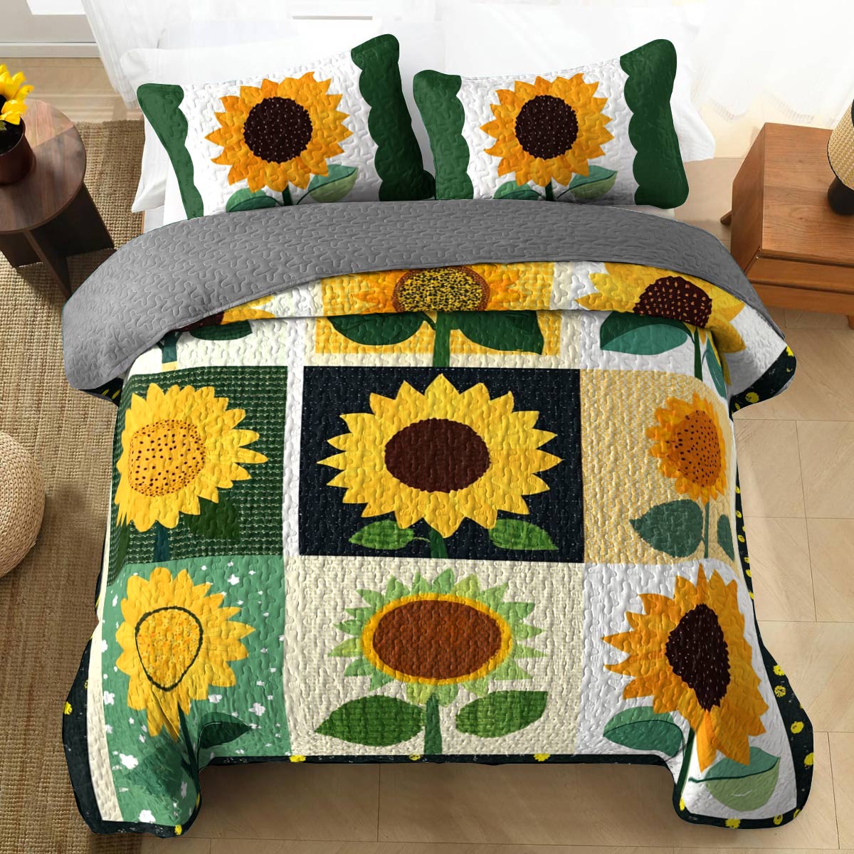 Shineful All Season Quilt 3-Piece Set Pretty Sunflowers Love