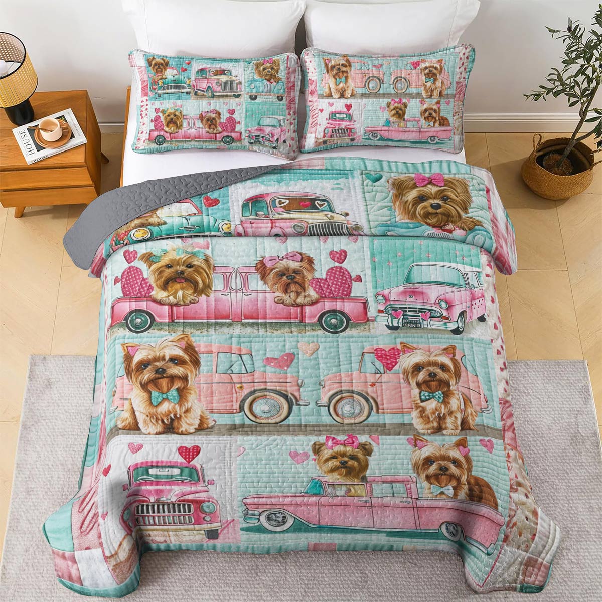 Ensemble de courtepointe toutes saisons Shineful 3 pièces Yorkie Joyride Ver2 